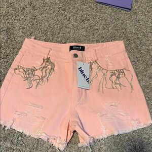 Pink Distressed Jean Shorts with Rhinestone Detail